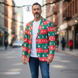Mens Christmas Blazer red and green Christmas tree pattern.